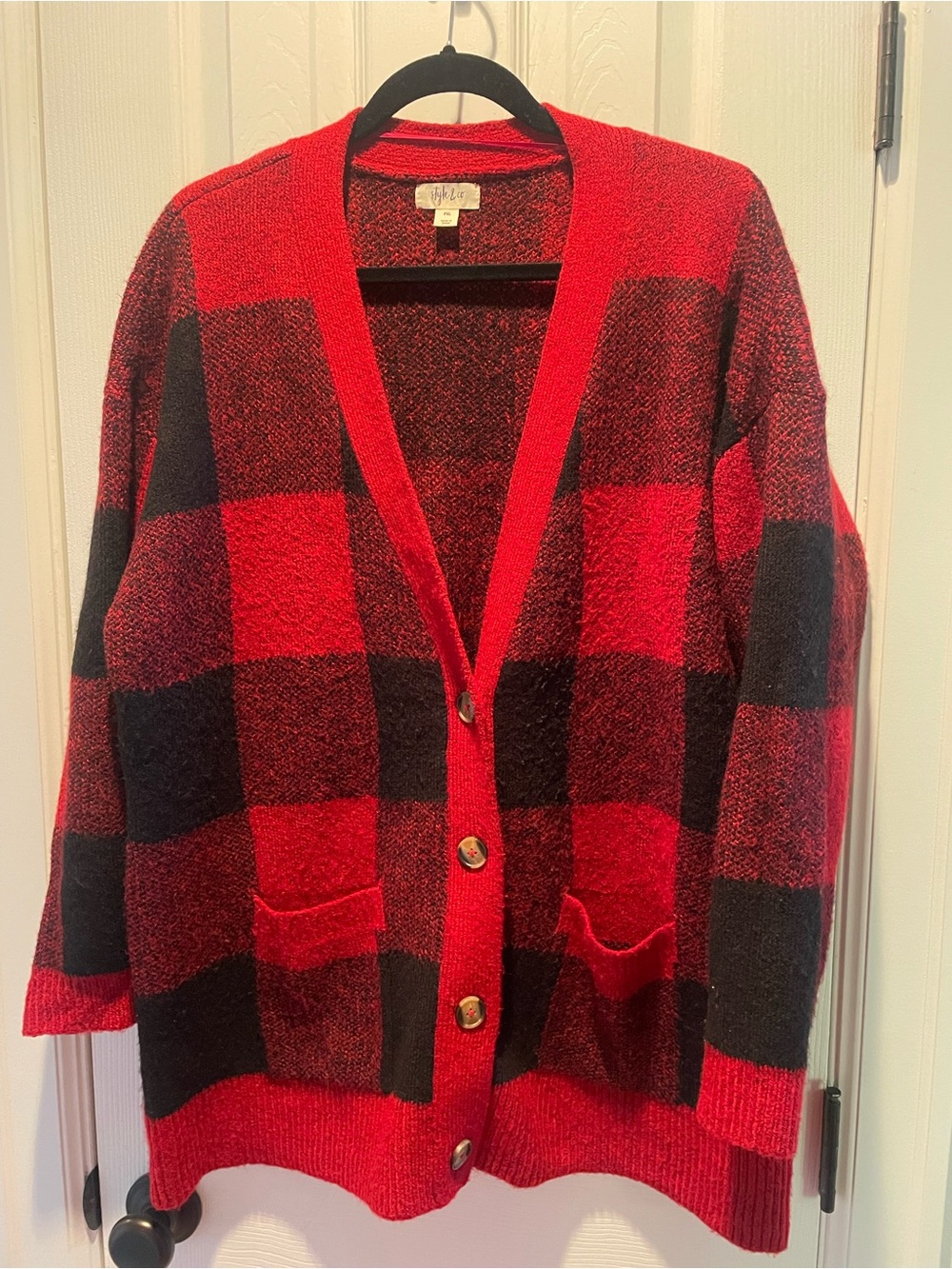 Style & Co. Red and Black Buffalo Check Button-Front Cardigan